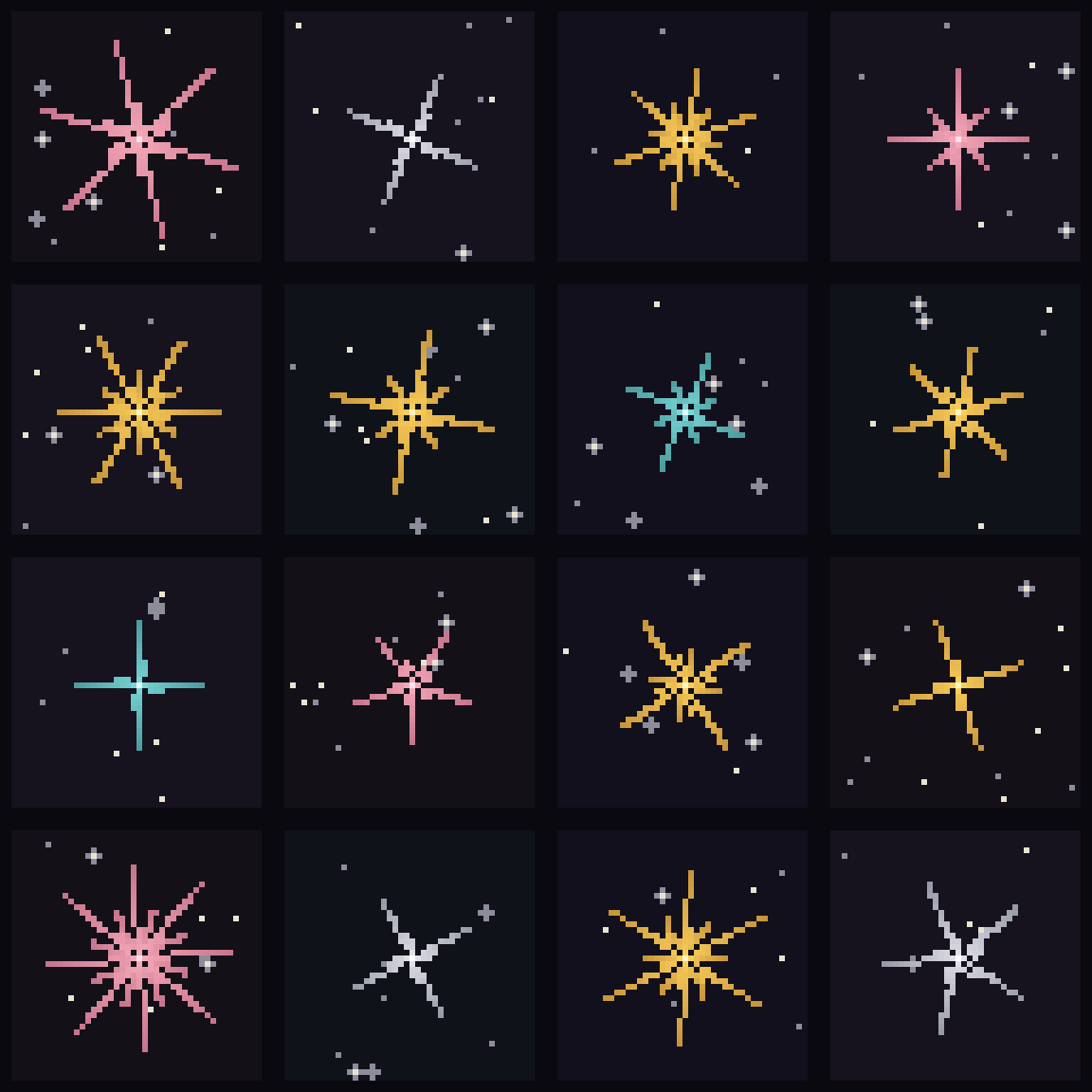 A 4-by-4 grid of sixteen pixel-art sparks, each on its own dark near-black starfield tile. Every spark is a burst of straight rays radiating from a small bright core. They vary: most are warm gold, a few are pink, teal, or pale white; some have four rays in a clean cross, others six or eight in a fuller burst; each is rotated differently. Small pale stars are scattered across every tile. Hard-edged pixels throughout, no blur.