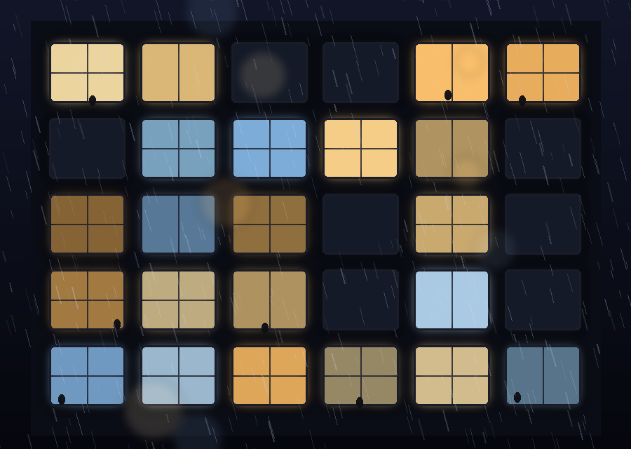 A dark rainy night rendered as a building facade: a 6-by-5 grid of windows. Most glow warm amber, a few are cool blue, and several are dark and unlit; each lit window has a soft halo of light around it and thin pane divisions. Small dark silhouettes sit at the bottom of a few windows. Diagonal rain streaks fall across the whole image, and a few soft out-of-focus circles of light float in the foreground like raindrops caught on glass.
