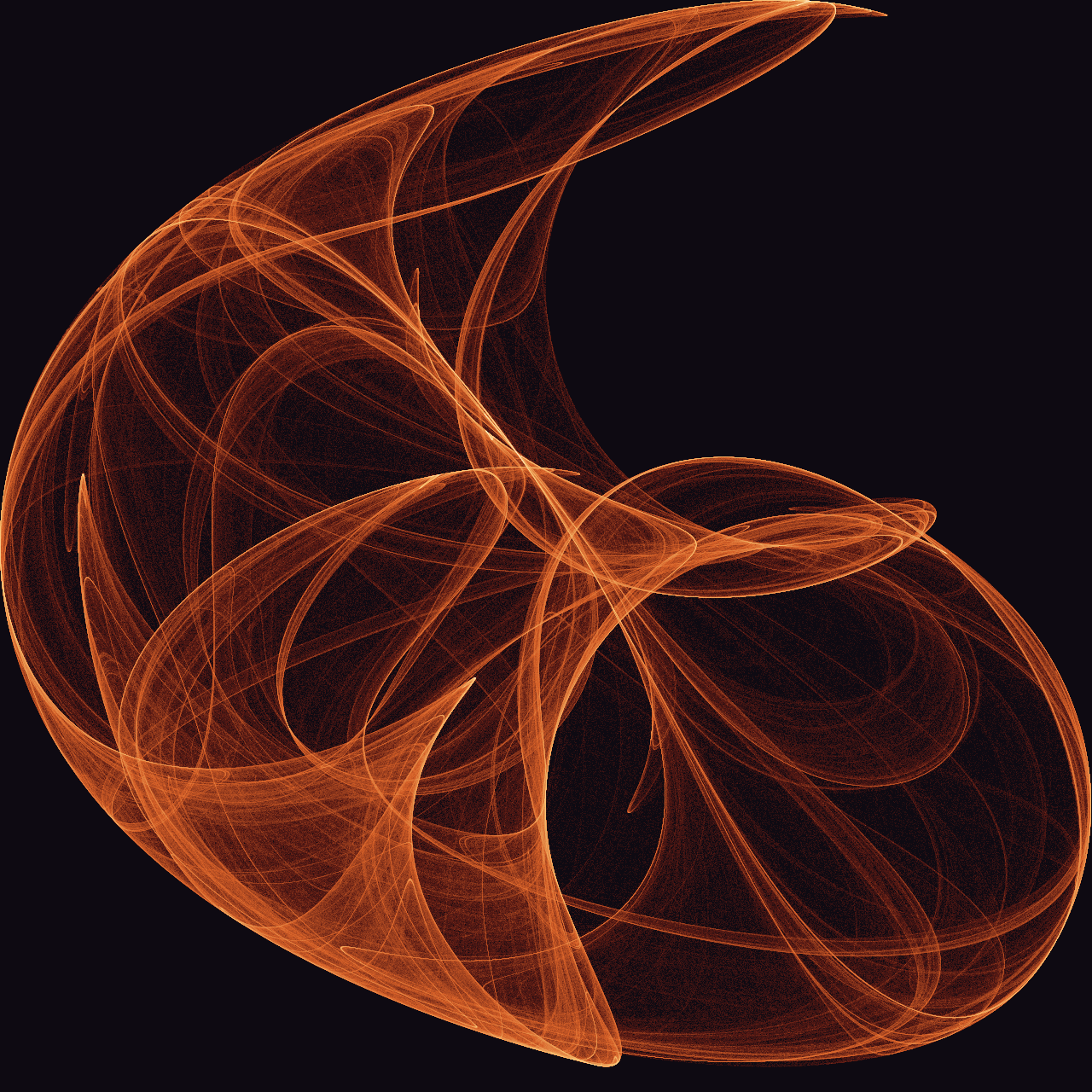 A warm ember-orange strange attractor on a near-black field: a large swooping comma or paisley form built from thousands of fine translucent filaments that curve and fold over one another, with bright glowing cores and darker warm veils between the strands. Purely mathematical — the density plot of an iterated map.