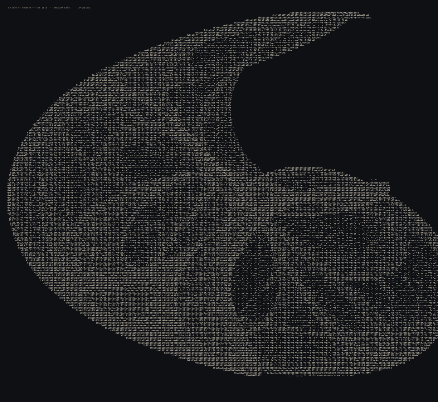 A large swept abstract form on near-black, rendered entirely in small pale monospace characters. At a distance it reads as a curving mass with soft edges; up close it dissolves into dense fields of letters, digits and punctuation, the dark interior made of sparse marks and the bright rim of heavy glyphs.