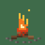 A small pixel-art campfire on flat green: a ring of grey stones, two crossed brown logs with red embers where they meet, and a flame built from a red base, an orange body and three yellow tongues that flicker across three frames, with a single spark drifting above.