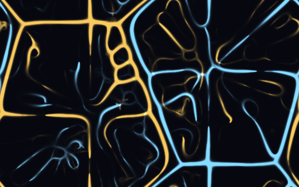 Gold and pale-blue glowing trail networks crossing a dark field.