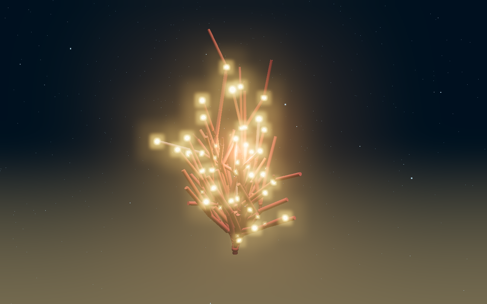 A coral-red coral in deep blue water with glowing golden blooms at its tips.