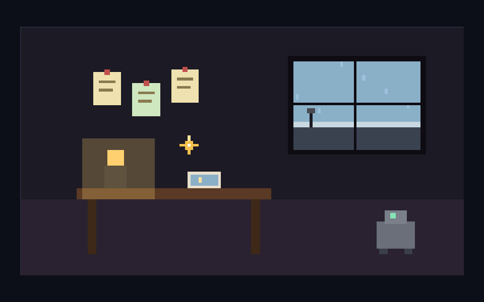 A pixel room: a desk with a lamp, notes pinned above, a rainy window and a small robot.