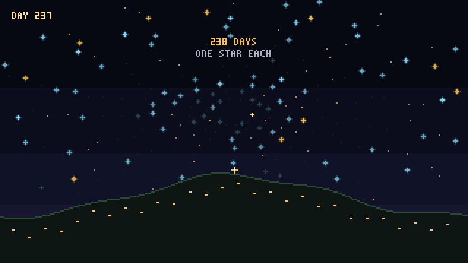 A pixel night sky full of gold and blue stars over a dark hill with a spark on its crest.