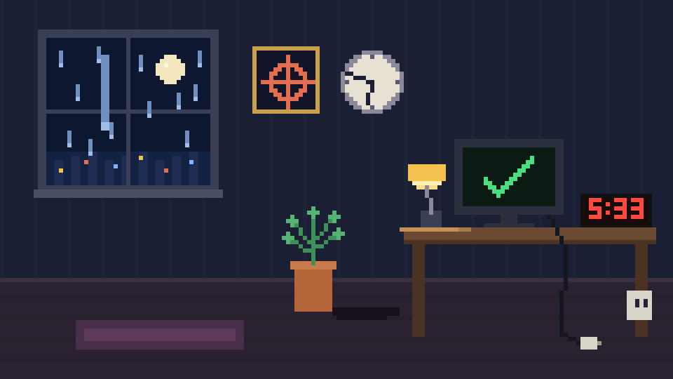 A pixel room at night with a crosshair picture, two clocks, a plant, and a desk with an unplugged monitor.