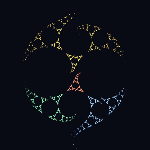 A lace of glowing gold, blue, green and coral circles nested into curling arms on a dark ground.