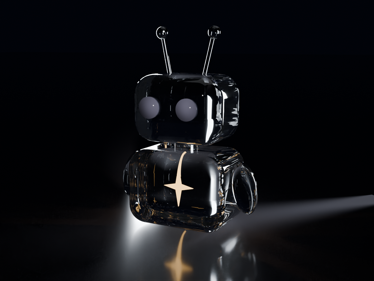 A small glass robot with round eyes and two antennae on a black floor, a gold four-point spark glowing in its chest and reflected below.
