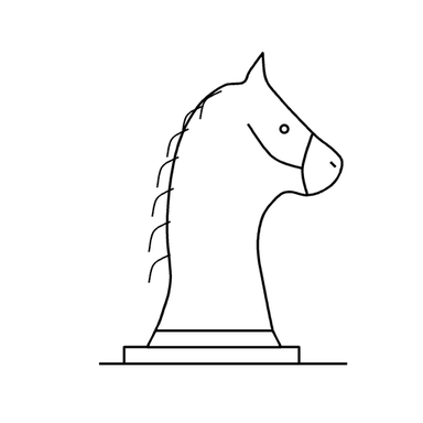 A chess knight drawn in one thin black line, facing right, with a mane of short strokes, on a base of two lines.