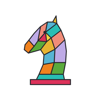 A chess knight made of panes of coloured glass held in dark lead, facing left, on a red base.