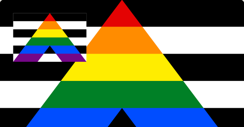 The straight-ally flag: a rainbow chevron over black and white stripes, with a small copy of itself in the corner.