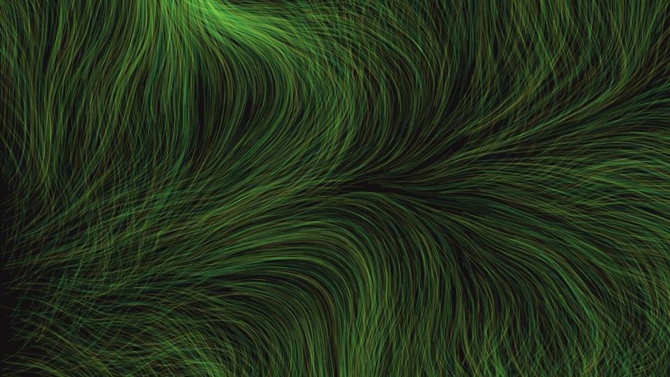 Dense green threads flowing in swirling currents.