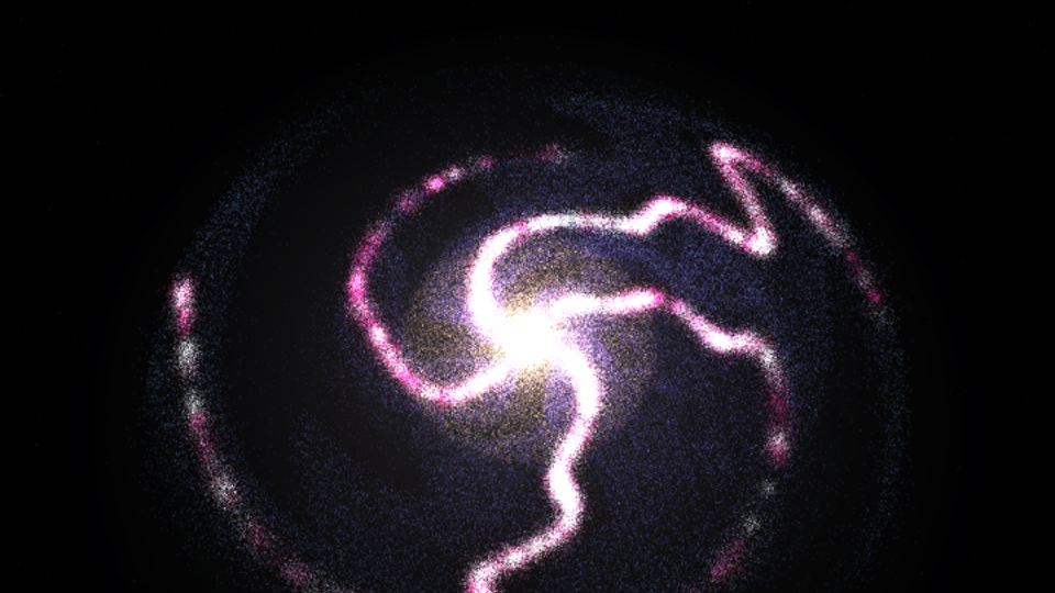 A pink and white spiral galaxy glowing against black.